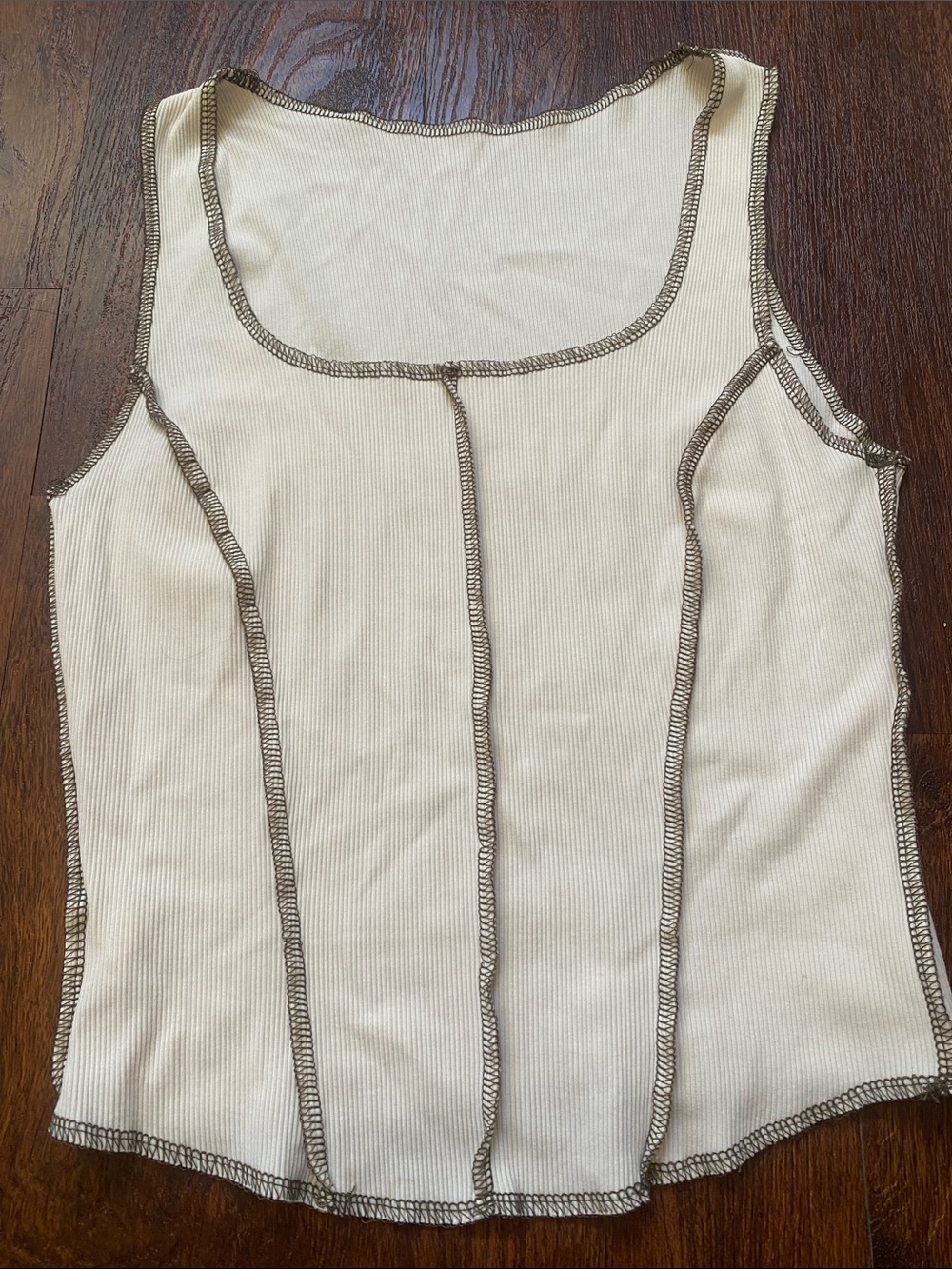 Cream Ribbed Scoop Neck Tank Top with brown Contrast Stitching